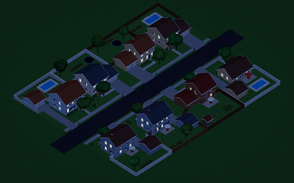 A suburban block at night with lit windows