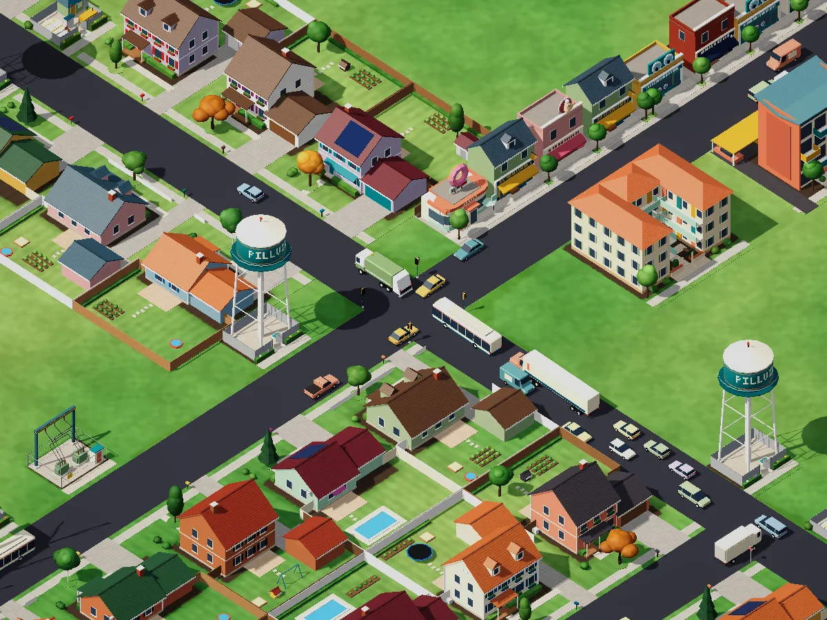 A busy crossroads in a small town: cars, a bus, water towers and a main street