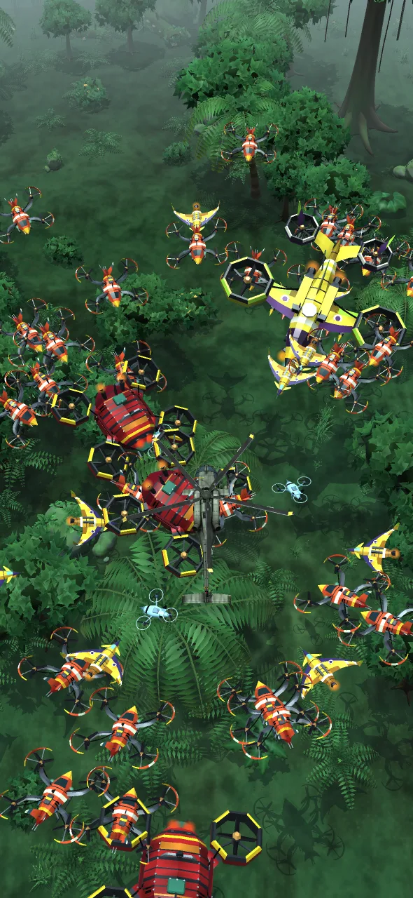 Rotorstorm: the helicopter surrounded by a drone swarm over a drowned forest