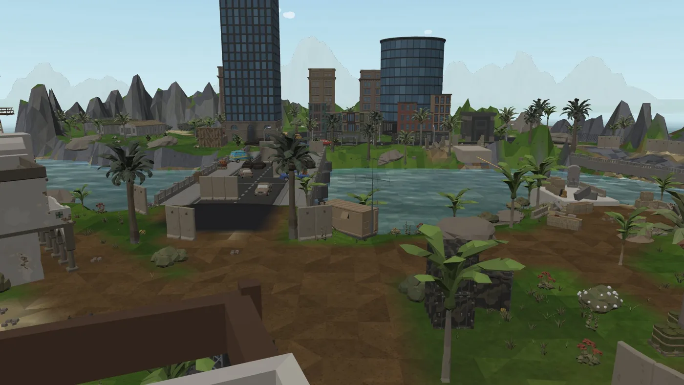 A river city with a bridge, skyscrapers and mountains