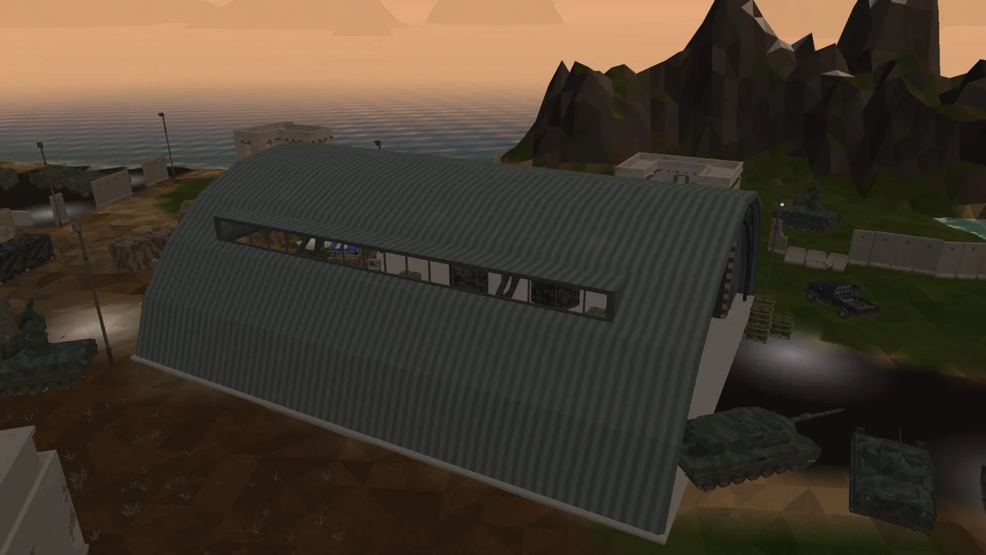 Oasis: a coastal hangar base at dusk