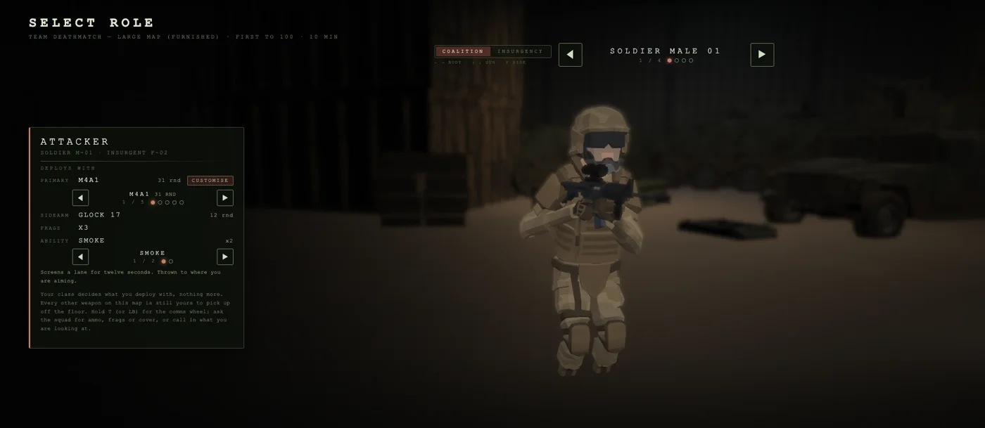 The Select Role screen: a soldier and the Attacker loadout